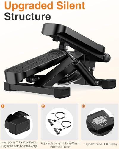 HOELLL Mini Stair Stepper with Resistance Bands for Exercise at Home, Portable Under Desk Twist Steppers for Office, Workout Equipment for Full Body Workout, 220lb Weight Capacity, LED Display
