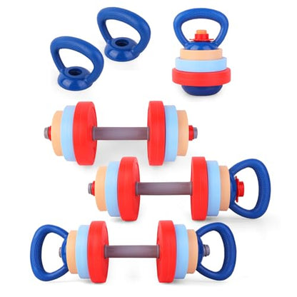 Kids Exercise Equipment With 2 Dumbbells and Kettlebell - Adjustable Workout Toy Equipment for Children Pretend Play Exercise - Toddler Beginner Gym & Fitness Family Games for Birthday Gifts