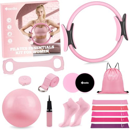 Pilates Kit for Women, Pilates Equipment Ring and Ball Set with Resistance Bands, Yoga Strap, Core Sliders, Socks, Bag & Guide for Starter Home Workout Fitness Gym Essentials