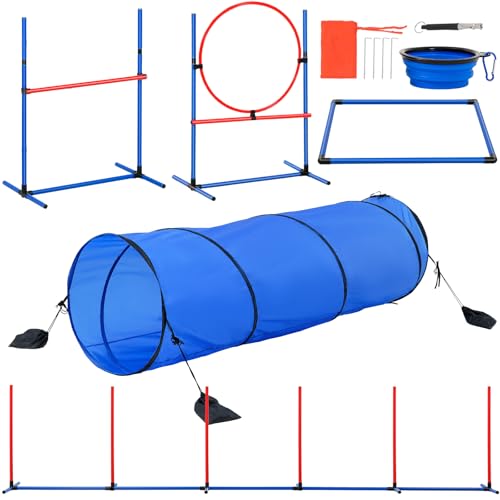 VEVOR Dog Agility Training Equipment, Dog Agility Course Backyard Set with Adjustable High Hurdles,6 Weave Poles,Tunnel,Jump Ring,Pause Box,Whistle,Foldable Bowl,Storage Bag, Puppy Obstacle Course Kit - size: 7 Pcs Training Set