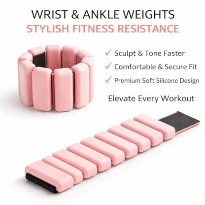 Elegance Adjustable Wrist & Ankle Weights for Women – Wearable Fitness Bracelets for Pilates, Yoga, Walking & Home Workout – Soft Silicone Weighted Bangles (1 LB Pair) (Pink)