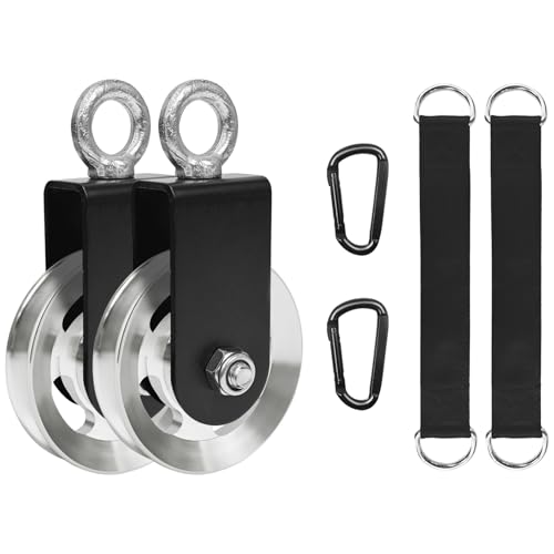 LFJ Aluminum Alloy Cable Pulley with Swing Strap Carabiner, 90mm Pulley Wheel for LAT Pulley System DIY Pull Down Attachment,Ladder Lift,Home Gym Equipment - color: Silver-2Pack
