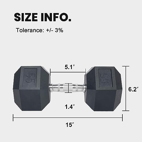 LIONSCOOL Odorless Rubber Encased Hex Dumbbells in Pairs or Single, Hand Dumbbell Weight with Metal Handle for Strength Training, Resistance Training, Build Muscle and Full Body Workout, 5-65lbs - style: 55LB SINGLE