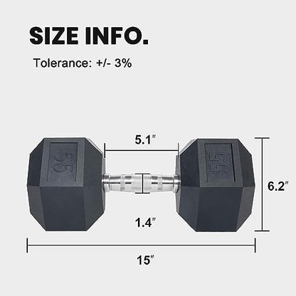 LIONSCOOL Odorless Rubber Encased Hex Dumbbells in Pairs or Single, Hand Dumbbell Weight with Metal Handle for Strength Training, Resistance Training, Build Muscle and Full Body Workout, 5-65lbs - style: 55LB SINGLE