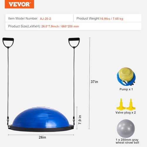 VEVOR Half Exercise Ball Trainer, 23/26 inch Balance Ball Trainer, 1500lbs Capacity Stability Ball, Yoga Ball with Resistance Bands & Foot Pump, Strength Fitness Ball for Home Gym Full Body Workout