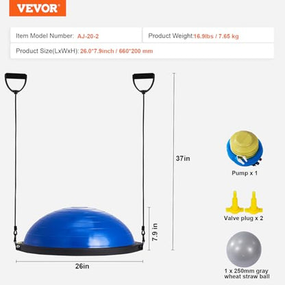 VEVOR Half Exercise Ball Trainer, 23/26 inch Balance Ball Trainer, 1500lbs Capacity Stability Ball, Yoga Ball with Resistance Bands & Foot Pump, Strength Fitness Ball for Home Gym Full Body Workout
