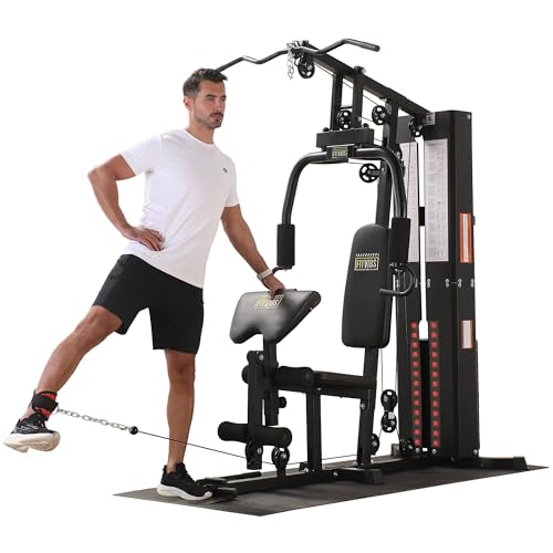 BalanceFrom Multifunctional Steel Frame Home Gym Machine with Floor Mat – Strength Training Workout Station with 160-Pound Weight Stack, LAT Pull & Low Row Bars, 4-Roll Leg Developer & Press