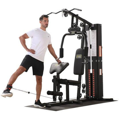 BalanceFrom Multifunctional Steel Frame Home Gym Machine with Floor Mat – Strength Training Workout Station with 160-Pound Weight Stack, LAT Pull & Low Row Bars, 4-Roll Leg Developer & Press