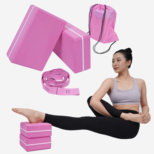 2 Pack Yoga Blocks 350g High Density, Non-Slip EVA Foam Brick with Bonus 11 loops Yoga Strap & Carry Bag, Pilates Block Set for Balance, Flexibility, Meditation, Home Gym & Studio