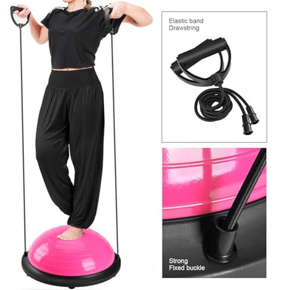 Half Balance Ball Trainer, Half Yoga Exercise Ball with Resistance Bands and Foot Pump, Balance Trainer for Stability Training, Strength Exercise Fitness, Home Gym Workout Equipment - color: Pink