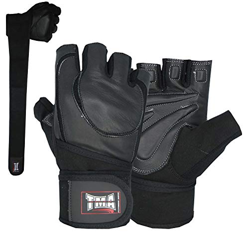 TMA Weight Lifting Gloves for Gym Workout – Cowhide Leather, Long Wrist Support with Anti Slip Palm Protection – Great Grip for Fitness, Bodybuilding, Powerlifting, Strength Training & Exercise - size: Medium
