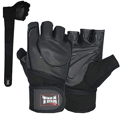 TMA Weight Lifting Gloves for Gym Workout – Cowhide Leather, Long Wrist Support with Anti Slip Palm Protection – Great Grip for Fitness, Bodybuilding, Powerlifting, Strength Training & Exercise - size: Medium