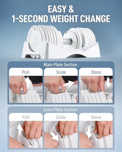 BYZOOM FITNESS Pure Series Adjustable Dumbbell - 12.5/25/27.5/50/55/75lb - ONE UNIT OR PAIR(check QTY before purchase) - 5-in-1/ 10-in-1 / 15-in-1 / 21-in-1 Flexible Hand Weights for Home Apartment Garage Gym, Strength Training & Fitness Workouts, White O