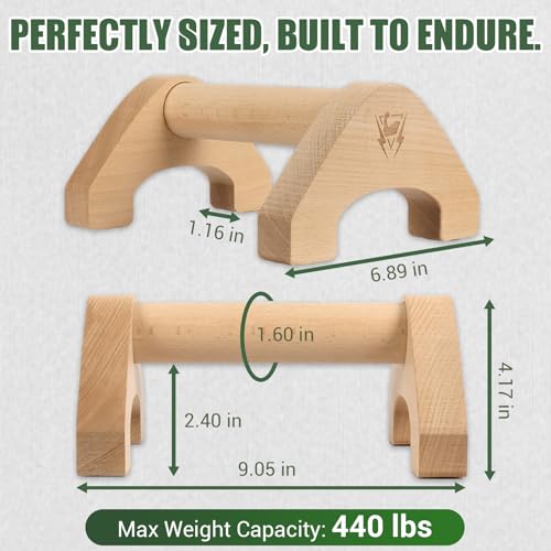 Wooden Push Up Bars, 2 PCS Solid Beech Wooden Parallettes with Embedded Non-slip Feet & Training Poster for Floor, Push Up Stands for Men Strength Training, Planks, Calisthenics & Home Gym Workout