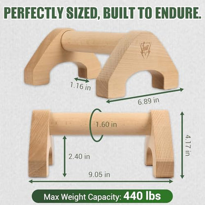 Wooden Push Up Bars, 2 PCS Solid Beech Wooden Parallettes with Embedded Non-slip Feet & Training Poster for Floor, Push Up Stands for Men Strength Training, Planks, Calisthenics & Home Gym Workout