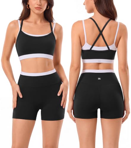 2 Pieces Workout Sets for Women,Seamless Athletic Short with Double Layer Sports Bra,Gym Matching Outfits - color: Blk001, size: Large