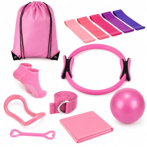 Pilates Kit for Women, 13 Piece Home Workout Starter Set with 14 Inch Ring, Mini Ball, 5 Resistance Bands, Yoga Socks, Stretch Strap and Carry Bag for Core Strength, Toning, Flexibility