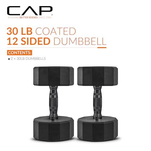 CAP Rubber Coated Dumbbell Weights, Free Weights for Home Gym Strength Training, Anti-Roll Hex Dumbbells with Black, Chrome & Comfort Grip Handles, Pairs & Sets - size: 30 lb - Pair, style: 12-Sided - Black Handle