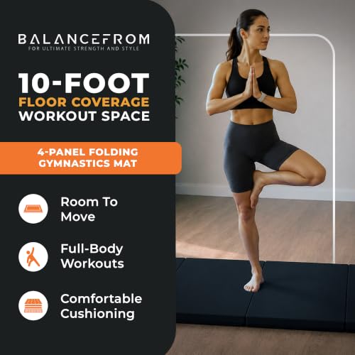 BalanceFrom 10x4 Feet 4-Panel Folding Gymnastics Mat – 2-Inch Thick Pad with Vinyl Surface and Carrying Handles for Tumbling, Yoga, Pilates, Home Workouts, and Martial Arts - color: Black