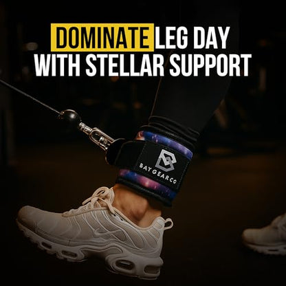 Bay Gear Co. Ankle Straps – Strong Hook and Loop System & Neoprene Padded for Cable Machine Glute Workouts, Slick Black Stainless Steel D Ring, Adjustable Fit, Different Design, Single/Pair.