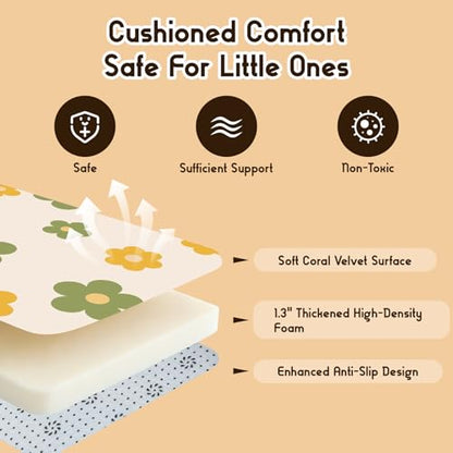 Baby Play Mat for Floor, 1.3-Inch Thickened Foam Soft Padded Playmat for Tummy Time, 59x79 Water-Repellent Coral Velvet Playpen Mat for Toddlers Infant Kids, Floral Prints