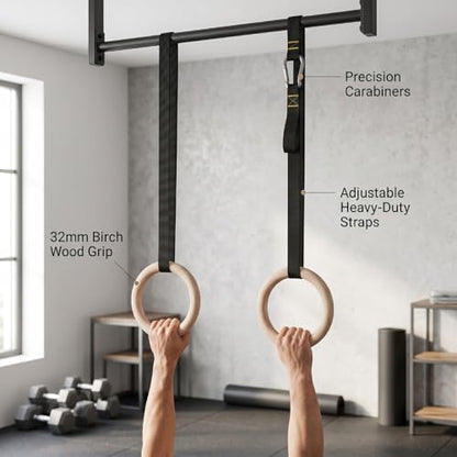 Wooden Gym Rings Birch Wood Rings Gymnastics with 1.5 Inch Numbered Straps Rotating Carabiner for Home Gym Strength Training