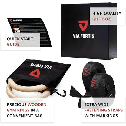 VIA Fortis® Premium Wooden Gym Rings with Straps, Bag & Workout Guide - Gym Rings for Calisthenics & Crossfit in Competition Design - Extra Wide Straps with Markings
