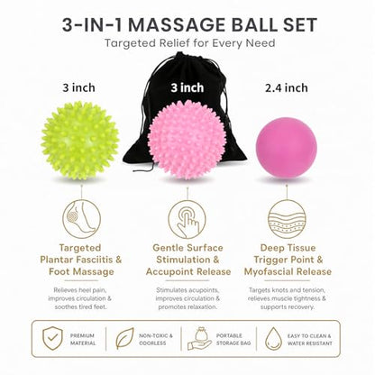 3-in-1 Massage Balls Set,Hard, Medium, Soft Spiky Balls + Smooth Ball for Deep Tissue & Myofascial Release, Plantar Fasciitis Relief, Massage Roller for Feet, Back, Hands, Physical Therapy
