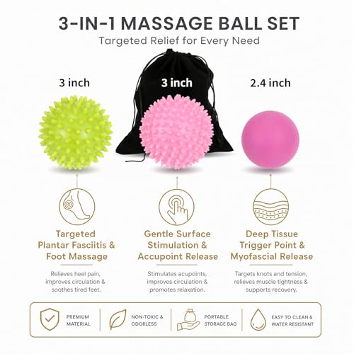 3-Pack Massage Ball Set, Spiky, Smooth for Plantar Fasciitis and Myofascial