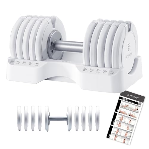 BYZOOM FITNESS Pure Series Adjustable Dumbbell - 12.5/25/27.5/50/55/75lb - ONE UNIT OR PAIR(check QTY before purchase) - 5-in-1/ 10-in-1 / 15-in-1 / 21-in-1 Flexible Hand Weights for Home Apartment Garage Gym, Strength Training & Fitness Workouts, White O