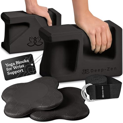 PRO Yoga Blocks | Ergonomic Yoga Block 2 Pack for Wrist Comfort and Support | EVA Foam Exercise Blocks, 2x Knee Pads & Yoga Strap | Pilates Block Set | Bricks to Eliminate Wrist Pain - color: Black