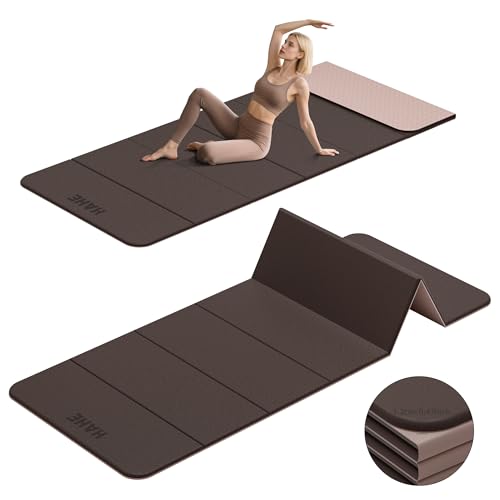 HAHE 7-Fold Design Extra Thick Yoga Mat 72"L x 24"W x 0.47",TPE Fitness Exercise Mats, Non-Slip Foldable Yoga Mat, High Density, Portable for Men & Women, Yoga, Pilates, Home Gym - color: Brown & Beige