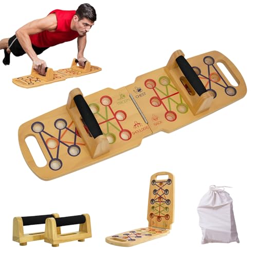Wooden Portable Push up board, foldable fitness strength training pushup stand with solid bar grips, 2 handles for floor, professional push up training equipment for man and women