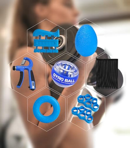 Hand Grip Strengthener Workout Kit (8 Pack) Forearm Grip Adjustable Resistance Hand Gripper, Finger Stretcher, Finger Exerciser, Grip Ring，Gyro Ball (blue)