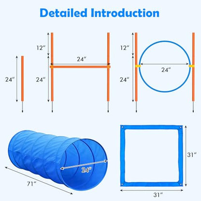 Dog Agility Course Backyard Set, Dog Obstacle Course Training Starter Kit Pet Outdoor Game with Tunnel, Agility Hurdle, Weave Poles, Jump Ring, Pause Box, Collapsible Dog Bowls and Storage Bag