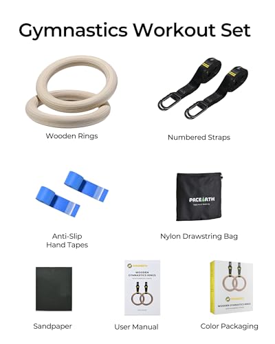 Gymnastics Rings 32mm Wooden Olympic Rings Support 1500lbs Locked Carabiners 9ft Double-Layer Numbered Straps Non-Slip Gym Rings with Foot Straps Door Anchor for Home Gym Full Body Workout