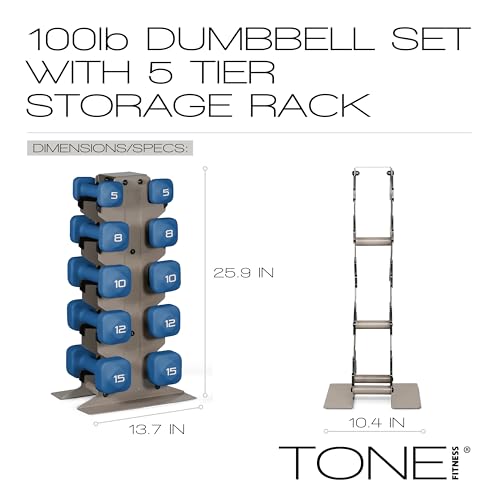 Tone Fitness Neoprene Dumbbell Set with Storage Rack – Non-Slip, Anti-Roll Hand Weights for Home Gym Workouts | 20 lb, 32 lb, 50 lb, 60 lb & 100 lb Options