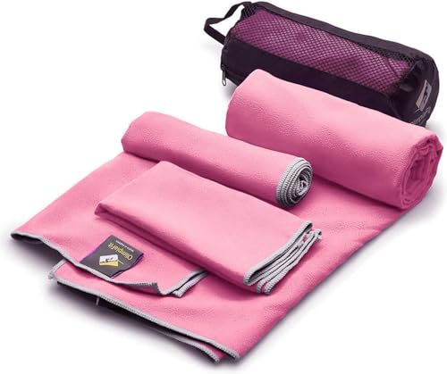 OlimpiaFit Quick Dry Towel - 3 Size Pack of Lightweight Microfiber Travel Towels w/Bag - Fast Drying Towel Set for Camping, Beach, Gym, Backpacking, Sports, Yoga & Swim Use - color: Pink (3 Size Set)