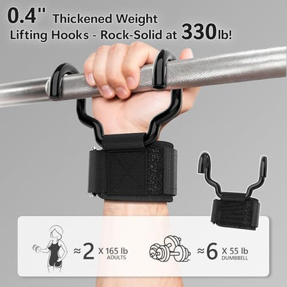 Weight Lifting Hooks with Gym Grip, 330 LB Adjustable Strap Hand Grips with Thick Wrist Padding for Weightlifting, Deadlifts, Pull-Ups, Strength Training, Wrist Wraps Hooks for Seniors (2 Pair)