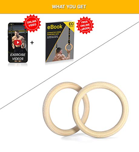Wood Gymnastic Rings (Rings Only) and Exercise Videos Guide for Gym, Compatible with Crossfit, and Bodyweight Training
