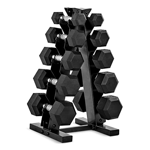 CAP Rubber Coated Hex Dumbbell Set with Storage Rack | 100–210 lb Options, Space-Saving Vertical Compact Storage for Home Gym Strength Training