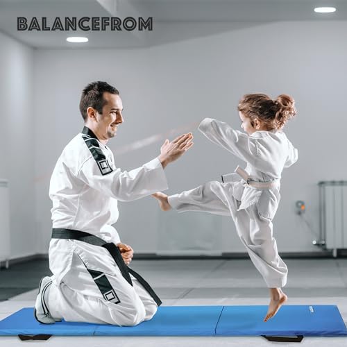 BalanceFrom 6x2 Feet 3-Panel Folding Gymnastics Mat – 1.5-Inch Thick Pad with Vinyl Surface and Carrying Handles for Tumbling, Yoga, Pilates, Home Workouts, and Martial Arts - color: Blue