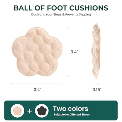 Ball of Foot Cushions for Women - Welnove Floral Design Metatarsal Pads for Pain Relief High Heels Insert Comfort Non Slip Forefoot Cushion for Pumps, Flats, Stilettos (Black & Beige, 4 Pairs)