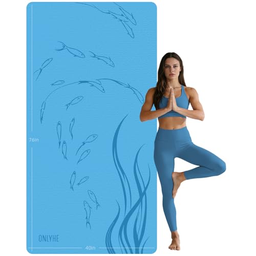 Extra Wide Yoga Mat 76"x40"x10mm TPE Double-Width Exercise Mat for Couples, Tall Yogis & Home Workouts, Non-Slip, Free of PVC & Latex - color: Medium blue + Dark blue