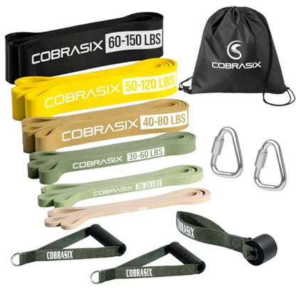 Long Resistance Bands for Working Out | Set of 6 Exercise Bands for Full-Body Training | Pull Up Bands for Home Gym with Handles, Door Anchor and Bar Options | for Men & Women