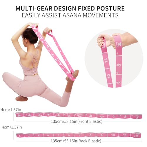 Yoga Blocks 2 Pack with Elastic Stretch Band & Bag – High Density Foam Yoga Blocks for Stability, Deep Stretching & Balance, 12-Loop Resistance Strap for Yoga, Pilates, Dance & Flexibility Training - color: Pink+Pink