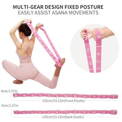 12 Loop Resistance Stretch Band, Numbered Flexibility Strap for Exercise, Physical Therapy, Yoga, Pilates, Dance, Gymnastics and Rehab Training, Adjustable Stretching for Splits, Ballet,Home Workouts - color: Pink