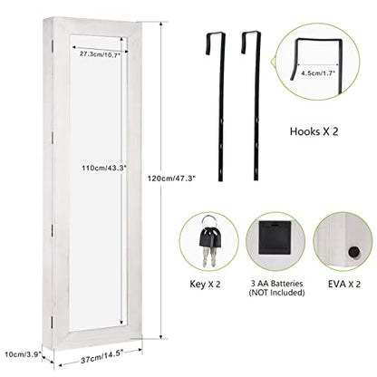 SRIWATANA Jewelry Armoire Cabinet, Solid Wood Jewelry Organizer with Full Length Mirror Wall/Door Mounted(Washed White) - color: Washed White