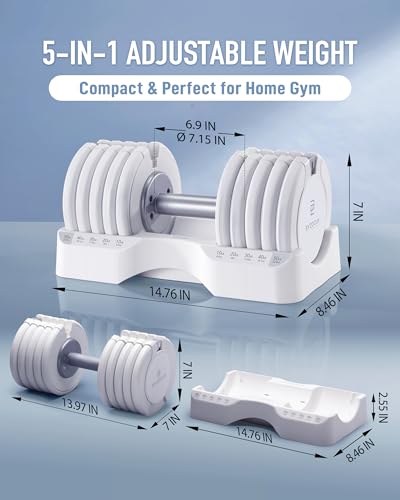 BYZOOM FITNESS Pure Series Adjustable Dumbbell - 12.5/25/27.5/50/55/75lb - ONE UNIT OR PAIR(check QTY before purchase) - 5-in-1/ 10-in-1 / 15-in-1 / 21-in-1 Flexible Hand Weights for Home Apartment Garage Gym, Strength Training & Fitness Workouts, White O