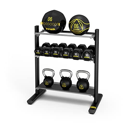 ZIVA Performance 3-Tier Storage Rack - Gym, Home Storage Rack – Steel Oval Tubing – Holds Dumbbells, Wall Balls, Med Balls, Kettlebells, Core Sandbags - Black (Dimensions: H: 118cm, W: 64cm, L: 82cm, Weight: 47kg)